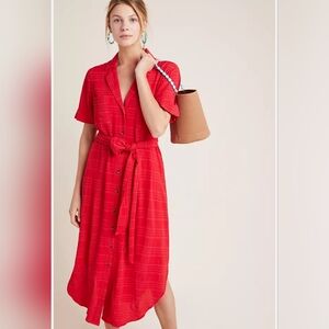 Anthropologie Aria Red Textured Shirt Dress Size Small
